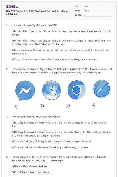 Giải VBT Tin học Lớp 4 CD Tìm kiếm thông tin trên Internet có đáp án