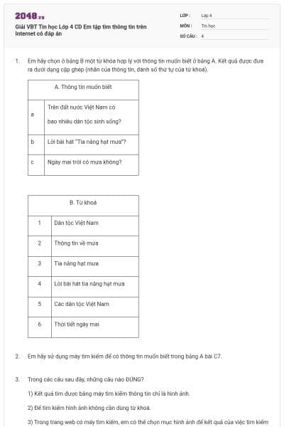 Giải VBT Tin học Lớp 4 CD Em tập tìm thông tin trên Internet có đáp án
