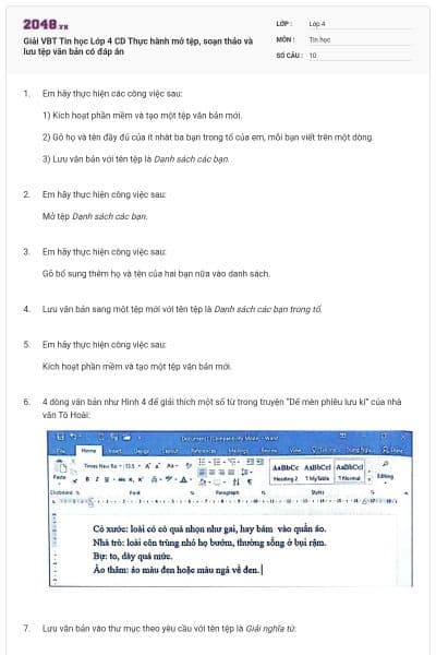 Giải VBT Tin học Lớp 4 CD Thực hành mở tệp, soạn thảo và lưu tệp văn bản có đáp án