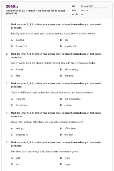 30 đề luyện thi Đại Học môn Tiếng Anh cực hay có lời giải (Đề số 28)