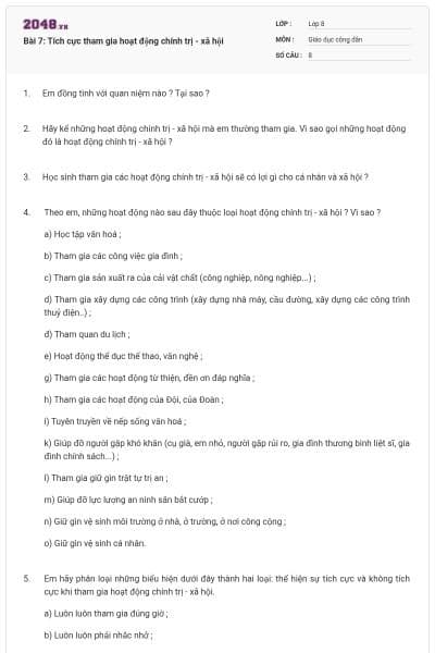 Bài 7: Tích cực tham gia hoạt động chính trị - xã hội