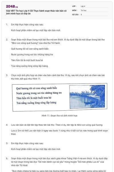 Giải VBT Tin học Lớp 4 CD Thực hành soạn thảo văn bản có ảnh minh họa có đáp án