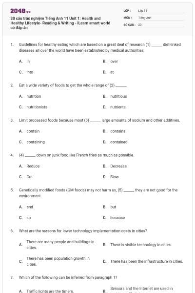 20 câu trắc nghiệm Tiếng Anh 11 Unit 1: Health and Healthy Lifestyle- Reading & Writing - iLearn smart world có đáp án