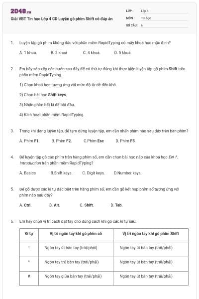 Giải VBT Tin học Lớp 4 CD Luyện gõ phím Shift có đáp án