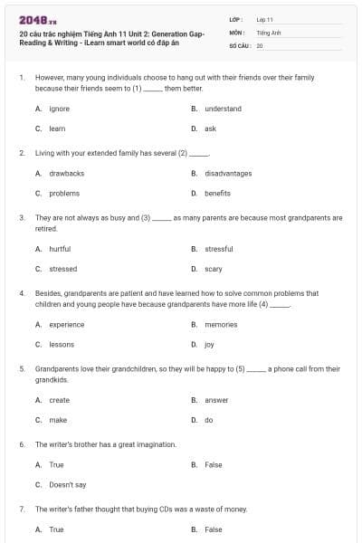 20 câu trắc nghiệm Tiếng Anh 11 Unit 2: Generation Gap- Reading & Writing - iLearn smart world có đáp án