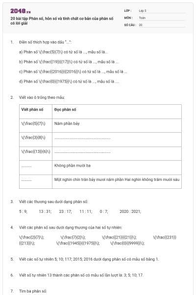 20 bài tập Phân số, hỗn số và tính chất cơ bản của phân số có lời giải