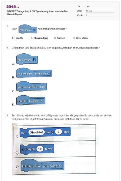 Giải VBT Tin học Lớp 4 CD Tạo chương trình scratch đầu tiên có đáp án