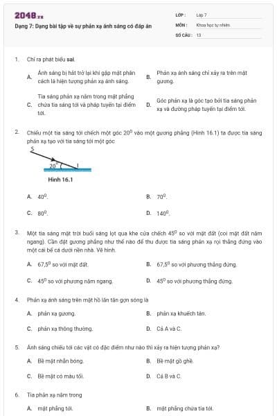 Dạng 7: Dạng bài tập về sự phản xạ ánh sáng có đáp án