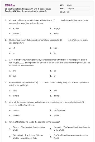 20 câu trắc nghiệm Tiếng Anh 11 Unit 3: Social Issues- Reading & Writing - iLearn smart world có đáp án