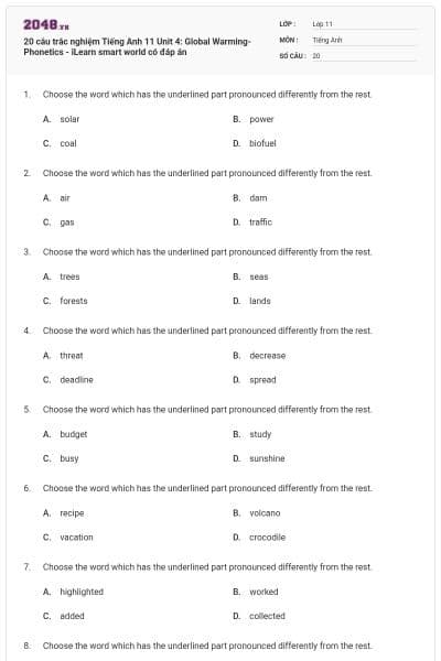 20 câu trắc nghiệm Tiếng Anh 11 Unit 4: Global Warming- Phonetics - iLearn smart world có đáp án