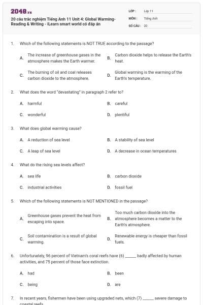 20 câu trắc nghiệm Tiếng Anh 11 Unit 4: Global Warming- Reading & Writing - iLearn smart world có đáp án