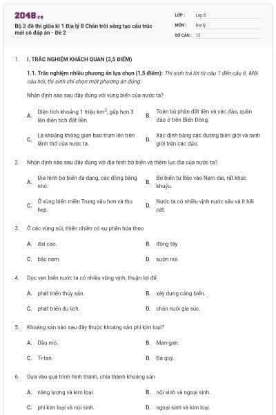 Bộ 2 đề thi giữa kì 1 Địa lý 8 Chân trời sáng tạo cấu trúc mới có đáp án - Đề 2