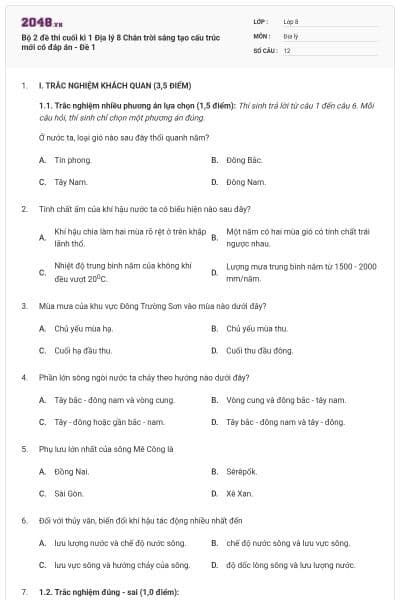 Bộ 2 đề thi cuối kì 1 Địa lý 8 Chân trời sáng tạo cấu trúc mới có đáp án - Đề 1