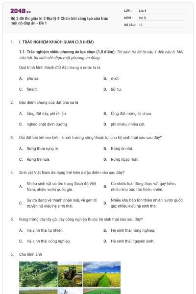 Bộ 2 đề thi giữa kì 2 Địa lý 8 Chân trời sáng tạo cấu trúc mới có đáp án - Đề 1