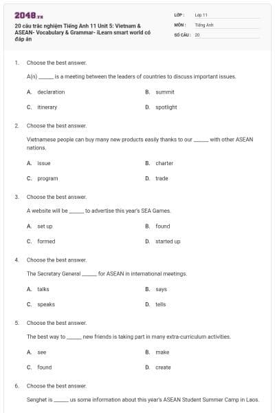 20 câu trắc nghiệm Tiếng Anh 11 Unit 5: Vietnam & ASEAN- Vocabulary & Grammar- iLearn smart world có đáp án