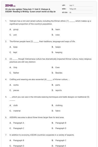 20 câu trắc nghiệm Tiếng Anh 11 Unit 5: Vietnam & ASEAN- Reading & Writing- iLearn smart world có đáp án