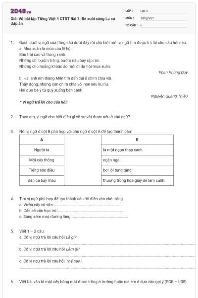 Giải Vở bài tập Tiếng Việt 4 CTST Bài 7: Bè xuôi sông La có đáp án