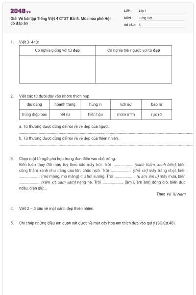 Giải Vở bài tập Tiếng Việt 4 CTST Bài 8: Mùa hoa phố Hội có đáp án