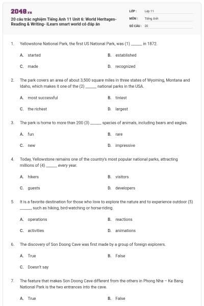 20 câu trắc nghiệm Tiếng Anh 11 Unit 6: World Heritages- Reading & Writing- iLearn smart world có đáp án