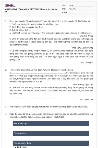 Giải Vở bài tập Tiếng Việt 4 CTST Bài 5: Hoa cúc áo có đáp án