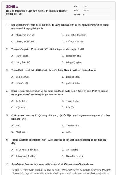 Bộ 2 đề thi giữa kì 1 Lịch sử 9 Kết nối tri thức cấu trúc mới có đáp án - Đề 1