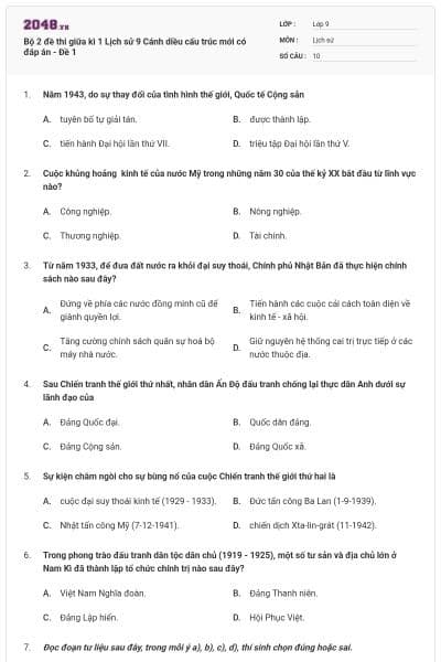 Bộ 2 đề thi giữa kì 1 Lịch sử 9 Cánh diều cấu trúc mới có đáp án - Đề 1