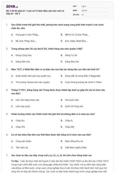 Bộ 2 đề thi giữa kì 1 Lịch sử 9 Cánh diều cấu trúc mới có đáp án - Đề 2