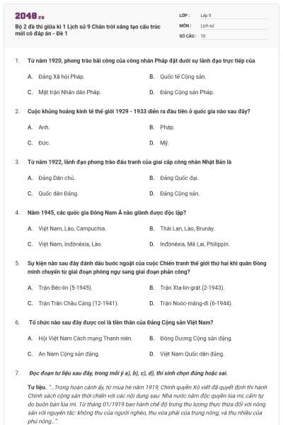 Bộ 2 đề thi giữa kì 1 Lịch sử 9 Chân trời sáng tạo cấu trúc mới có đáp án - Đề 1