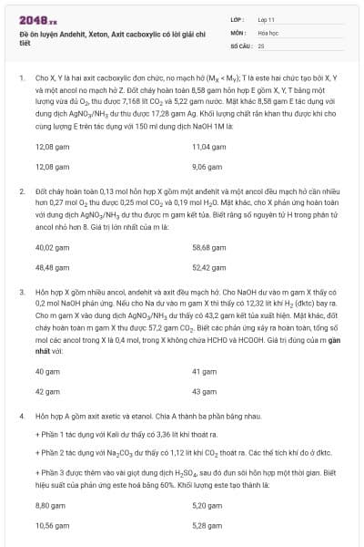 Đề ôn luyện Andehit, Xeton, Axit cacboxylic có lời giải chi tiết