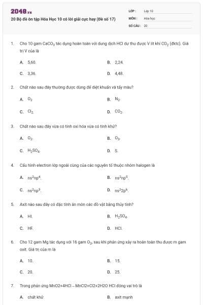 20 Bộ đề ôn tập Hóa Học 10 có lời giải cực hay (Đề số 17)
