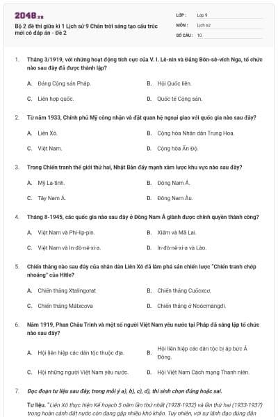 Bộ 2 đề thi giữa kì 1 Lịch sử 9 Chân trời sáng tạo cấu trúc mới có đáp án - Đề 2