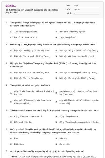 Bộ 2 đề thi cuối kì 1 Lịch sử 9 Cánh diều cấu trúc mới có đáp án - Đề 1