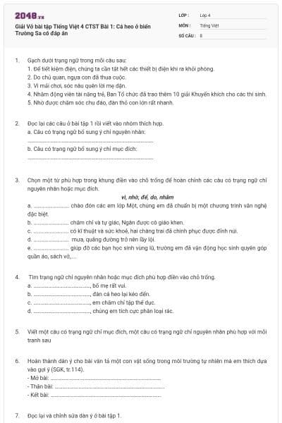 Giải Vở bài tập Tiếng Việt 4 CTST Bài 1: Cá heo ở biển Trường Sa có đáp án