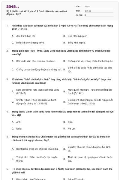 Bộ 2 đề thi cuối kì 1 Lịch sử 9 Cánh diều cấu trúc mới có đáp án - Đề 2