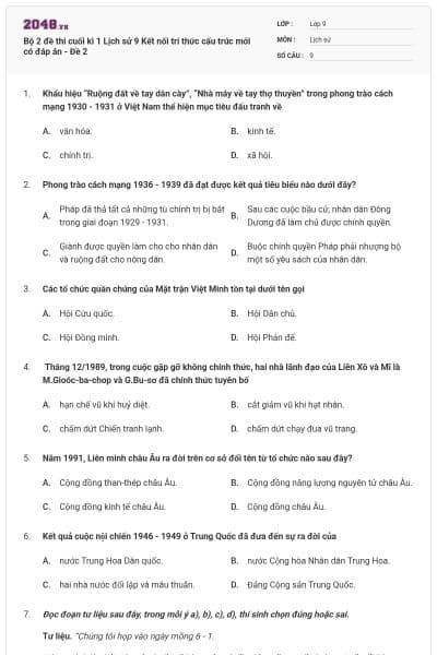 Bộ 2 đề thi cuối kì 1 Lịch sử 9 Kết nối tri thức cấu trúc mới có đáp án - Đề 2