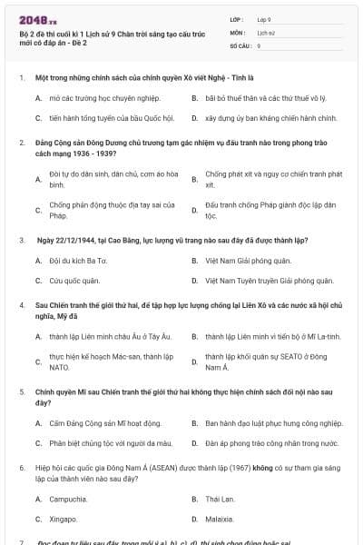 Bộ 2 đề thi cuối kì 1 Lịch sử 9 Chân trời sáng tạo cấu trúc mới có đáp án - Đề 2