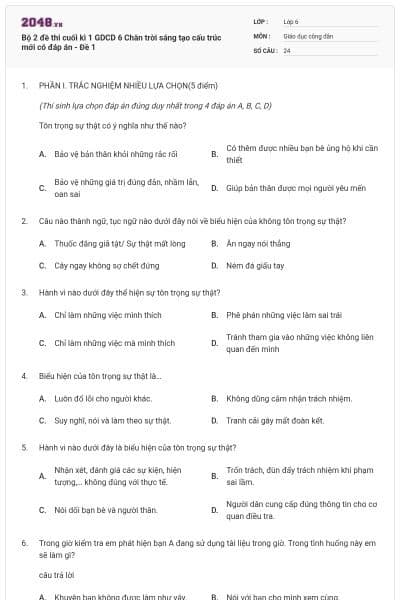 Bộ 2 đề thi cuối kì 1 GDCD 6 Chân trời sáng tạo cấu trúc mới có đáp án - Đề 1