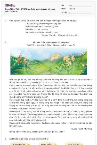 Soạn Tiếng Việt 4 CTST Đọc: Cuộc phiêu lưu của bồ công anh có đáp án