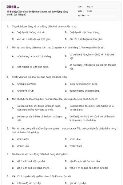10 Bài tập Xác định độ lệch pha giữa hai dao động cùng chu kì (có lời giải)