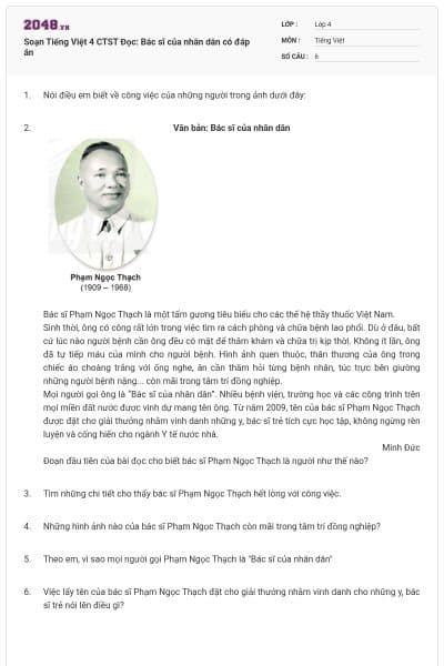 Soạn Tiếng Việt 4 CTST Đọc: Bác sĩ của nhân dân có đáp án