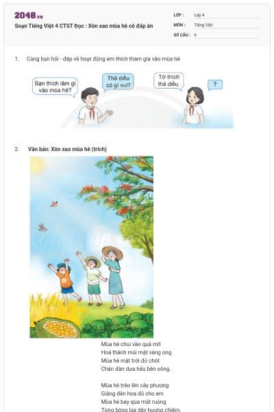 Soạn Tiếng Việt 4 CTST Đọc : Xôn xao mùa hè có đáp án