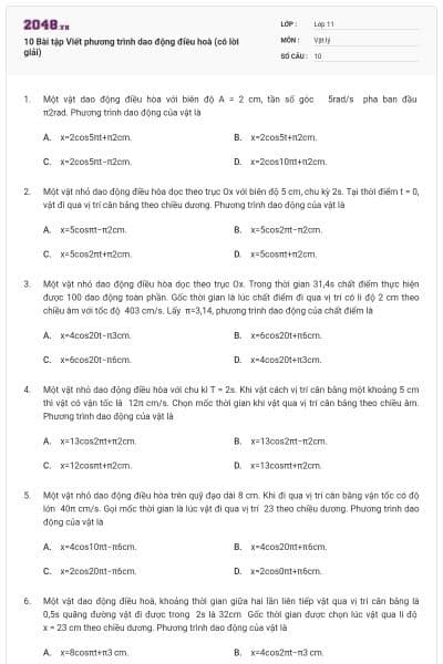 10 Bài tập Viết phương trình dao động điều hoà (có lời giải)