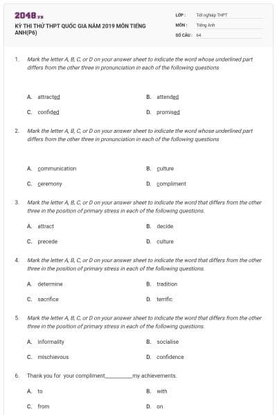 KỲ THI THỬ THPT QUỐC GIA NĂM 2019 MÔN TIẾNG ANH(P6)