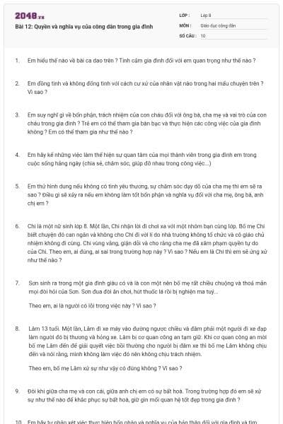 Bài 12: Quyền và nghĩa vụ của công dân trong gia đình
