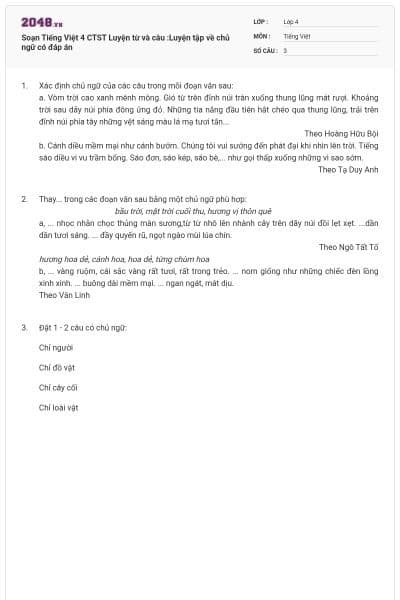 Soạn Tiếng Việt 4 CTST Luyện từ và câu :Luyện tập về chủ ngữ có đáp án