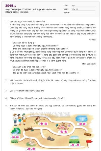 Soạn Tiếng Việt 4 CTST Viết : Viết đoạn văn cho bài văn miêu tả cây cối có đáp án