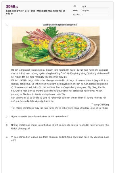 Soạn Tiếng Việt 4 CTST Đọc : Món ngon mùa nước nổi có đáp án