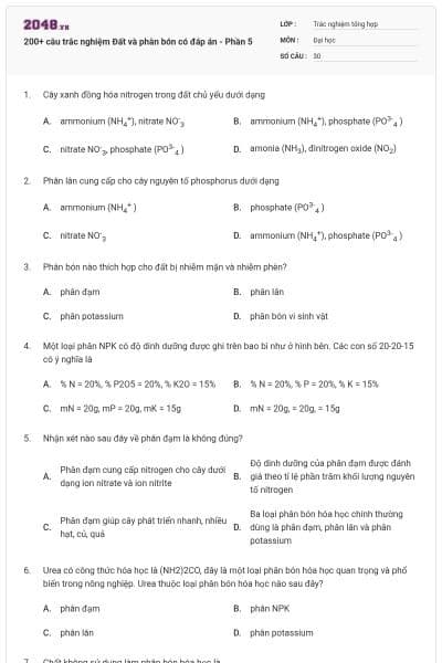 200+ câu trắc nghiệm Đất và phân bón có đáp án - Phần 5