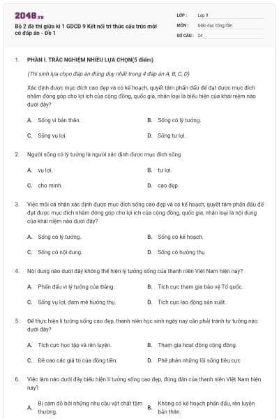 Bộ 2 đề thi giữa kì 1 GDCD 9 Kết nối tri thức cấu trúc mới có đáp án - Đề 1