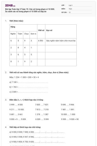 Bài tập Toán lớp 3 Tuần 19. Các số trong phạm vi 10 000. So sánh các số trong phạm vi 10 000 có đáp án